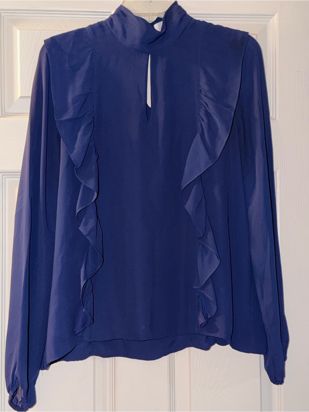 Elegant Ruffled Long-Sleeve Blouse - Navy